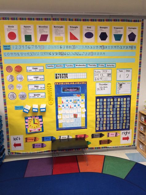 Kindergarten Math Classroom, 1st Grade Math Classroom Set Up, First Grade Math Wall, Math Wall Kindergarten Classroom, Math Wall 1st Grade, 2nd Grade Math Wall, Kindergarten Math Wall, Math Focus Wall Kindergarten, Second Grade Math Wall