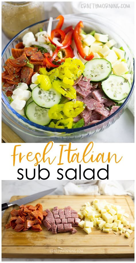 Italian Sub Salad Recipe- Delicious summer salad recipe to make for a potluck or party. Healthy sub Italian salad dish. Cucumbers, peppers, pepperoni, cheese, etc. Large Salads For Parties, Great Salad Ideas, Pizza Party Salad Ideas, Salad Recipes Potluck, Soup Salad And Sandwich Bar, Italian Garden Salad Recipe, Deli Salads Ideas, Italian Recipes Potluck, Football Salad Recipes