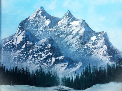 Acrylic painting of snowy mountains and trees. Acrylic Painting Ideas Mountains, How To Paint Mountains On Canvas, Painted Mountains Easy, Painting Ideas Mountains, Mountain Painting Acrylic, Painting Mountains, Landscape Painting Tutorial, Acrylic Painting Ideas, Mountain Landscape Painting