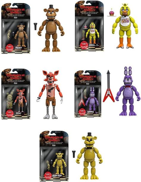 Funko's first action figure set for Five Night's at Freddys is finally here! Set of 5 includes Bonnie, Foxy, Freddy, Gold Freddy and Chica. Each figure includes the pieces needed to build Spring Trap! Officially licensed product from Funko! Fnaf Action Figures, Fnaf Freddy Fazbear, Freddy Toys, Pop Figurine, Fnaf Freddy, Pop Disney, Cartoon Toys, Freddy Fazbear, Bear Toy