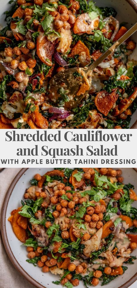 This shredded cauliflower and squash salad is topped with crispy ginger chickpeas and drizzled with a creamy apple butter tahini dressing. A complete, fiber packed and meal. Vegan Whole Food Recipes, Vegan Whole Food, Best Vegan Breakfast, Honeynut Squash, 30 Minute Meals Easy, Squash Salad, Tahini Dressing, Apple Butter, Delicious Vegan Recipes