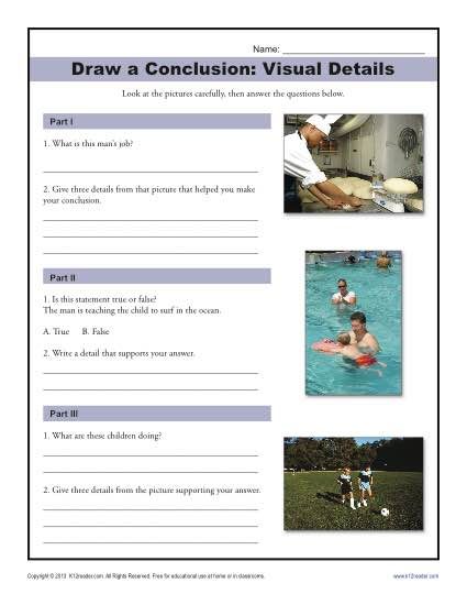 Free, Printable Drawing Conclusions Worksheet Activity for Middle School - bookmarking these! Drawing Conclusions Activity, Teaching Inference, Details Drawing, Visual Literacy, Teaching Drawing, Geometry Worksheets, Comprehension Skills, Drawing Conclusions, 4th Grade Reading