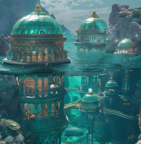 Underwater City Fantasy Art, Water Structure, Underwater Design, Underwater House, Fantasy Party, Fantasy Village, Dnd World Map, Fantasy World Map, Warhammer Terrain