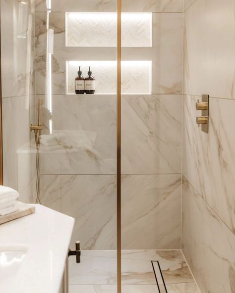 A serene En-suite 🤍 Soft amber tones, custom antique bronze finishes and beautiful marble. The perfect place to reset and recharge each day ✨ #bathroom #ensuite #ensuitebathroom you Small En Suite Ideas, Small Marble Bathroom, Small Ensuit, Onyx Shower Ideas, Marble Ensuite, Onyx Shower, Small Ensuite, Full Bathroom Remodel, Bathroom Ensuite