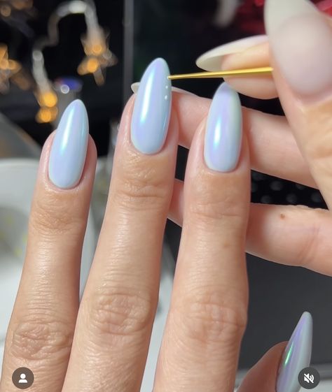 Periwinkle Nails With Chrome, Powder Blue Almond Nails, Light Blue Almond Nails Design, Blue Chrome Nails Almond, Periwinkle Chrome Nails, Periwinkle Blue Nails, Baby Blue Almond Nails, Baby Blue Chrome Nails, Pale Blue Nails