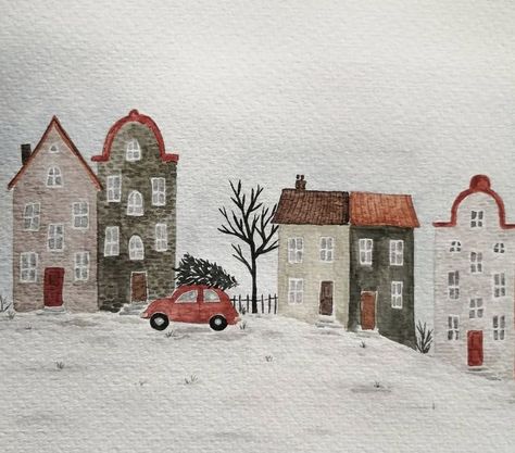 Arte Aesthetic, Row Houses, Winter Watercolor, Christmas Card Art, Diy Watercolor Painting, Watercolor Christmas Cards, Art Animals, 수채화 그림, Watercolor Art Lessons