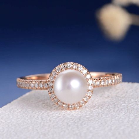 Akoya Pearl Engagement Ring With Diamond Halo Jewelry Redesign, Eternity Engagement Ring, Dream Rings, Pearl Engagement Ring, Pearl Rings, Engagement Ring Diamond, Modern Engagement Rings, Jewellery Gifts, Ring Birthstone