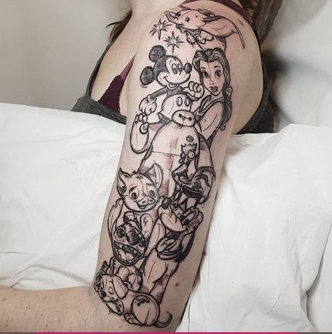 Disney Tattoo Disney Stitch Tattoo, Disney Inspired Tattoos, Disney Sleeve Tattoos, Disney Sleeve, Tattoos Black, Stitch Tattoo, Feminine Tattoo Sleeves, Disney Princess Tattoo, Princess Tattoo