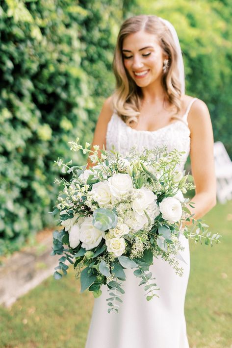 White And Green Fall Wedding, Wedding Flowers With Lots Of Greenery, Sage Green And White Flowers, Sage Green And Gold Wedding Flowers, Sage Green White And Gold Wedding Flowers, Sage Green White Gold Wedding, Medium Wedding Bouquet, Sage Wedding Florals, Green And White Wedding Florals