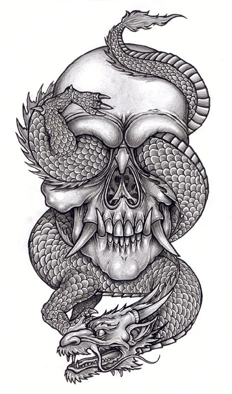 Dragon Tattoo With Skull, Snake Tattoo Design, Skulls Drawing, Sketch Tattoo Design, Arrow Tattoo, Dragon Tattoo Designs, Japanese Tattoo Designs, Skull Tattoo Design, Skull Artwork