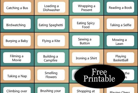 Free Printable Family Reunion Charade Prompts Kid Holiday Games, Housewarming Party Games, Anniversary Party Games, Charades Game, Office Party Games, Printable Games For Kids, Slumber Party Games, Reunion Games, Family Reunion Games