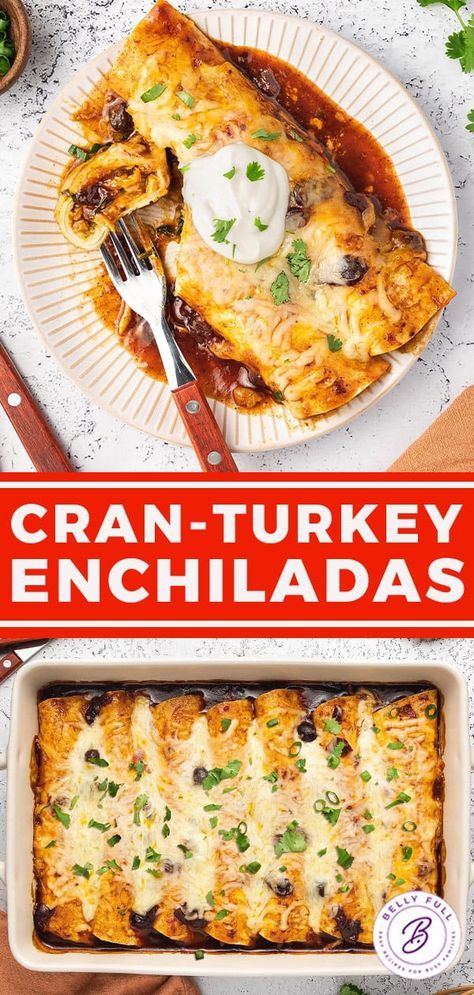 These Cranberry-Turkey Enchiladas are the absolute best use of Thanksgiving leftovers with a crazy delicious Mexican twist! Southwestern Thanksgiving, Mexican Thanksgiving, Cranberry Turkey, Southwestern Recipes, Turkey Enchiladas, Turkey Leftovers, Shredded Turkey, Recipe Using Chicken, Easy Thanksgiving Recipes