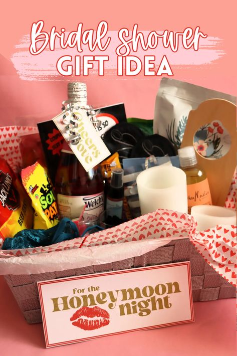 Planning a bridal shower and looking for the perfect gift? Look no further than the ultimate honeymoon night basket! This post has over 10 unique items to include that will make the night extra special for the newlyweds. From massage oils to lingerie, these items will have the couple feeling pampered and relaxed as they start their new life together. Morning After Wedding Gift Basket, Wedding Night Basket For Bride And Groom, Newlywed Gift Basket Ideas, Wedding Night Gift Basket Couple, Date Night Bridal Shower Gift, Wedding Night Basket, Honeymoon Gifts For Bride, Wedding Shower Basket Gift Ideas, Honeymoon Basket Ideas