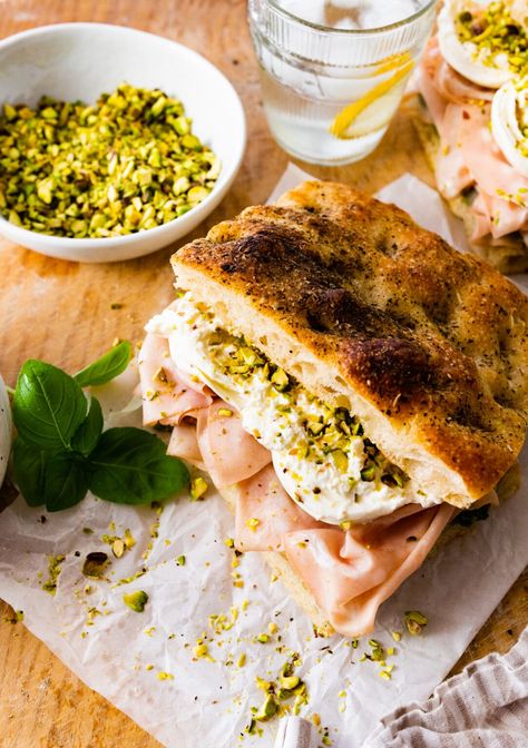 Mortadella Sandwich Recipe with Pistachio Pesto and Burrata - CucinaByElena Mortadella Recipe, Pesto And Burrata, Deli Meat Sandwiches, Mortadella Sandwich, Picky Bits, Fried Egg Recipes, Foccacia Bread, Bebe Shower, Pistachio Pesto