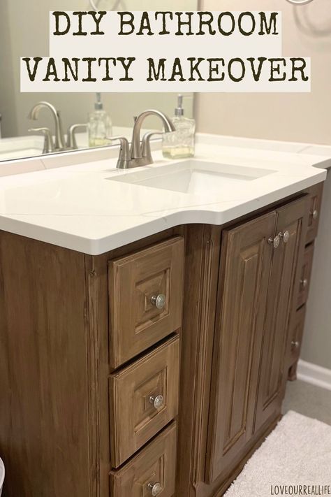 bathroom cabinet makeover. Old Vanity Makeover, Single Vanity Bathroom Ideas, Diy Vanity Makeover, Refinished Vanity, Diy Bathroom Vanity Makeover, Bathroom Cabinet Makeover, Provincial Stain, Faux Wood Finish, Old Vanity