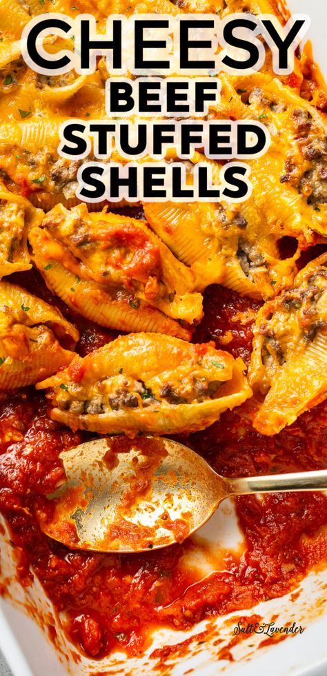 Cheesy Beef Stuffed Shells, Stuffed Shells With Marinara Sauce, Stuffed Shells With Red Sauce, Jumbo Shells Recipe Beef, Spaghetti Stuffed Shells, Easy Jumbo Shells Recipe, Stuffed Shells With Ground Beef Easy, Big Shells Pasta Recipes, Jumbo Stuffed Pasta Shells Ground Beef