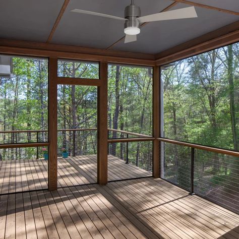 75 Contemporary Screened-In Porch Ideas You'll Love - June, 2022 | Houzz Screened In Porch With Railing, Partial Screened In Deck, Screened Porch With Hot Tub, Elevated Back Porch Ideas, Mcm Screened Porch, Screened In Porch Colors, Contemporary Screened Porch, Screened Side Porch, Black Screened In Porch On White House