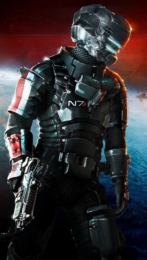 Dead Space Dead Space Suits, Mass Effect Poster, N7 Armor, Powered Armor, Mass Effect Universe, Futuristic Armor, Mass Effect 3, Futuristic Armour, Sci-fi Armor