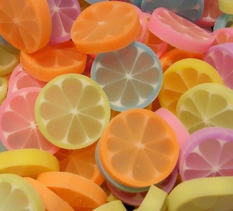 Fruit Slice Erasers Non Edible Things That Look Tasty, Fruit Eraser, Forbidden Food, Rainbow Candy, Fruit Slice, Rainbow Aesthetic, I Want To Eat, Erasers, Cute Pins