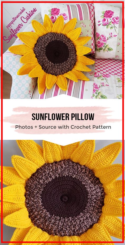 CROCHET Sunflower Pillow free pattern - easy crochet Pillow pattern via @shareapattern.com Easy Crochet Pillow, Crochet Car Seat Cover, Sunflower Pillow, Easy Knitting Projects, Crochet Car, Crochet Cushion Cover, Crochet Pillow Pattern, Crochet Sunflower, Crochet Simple