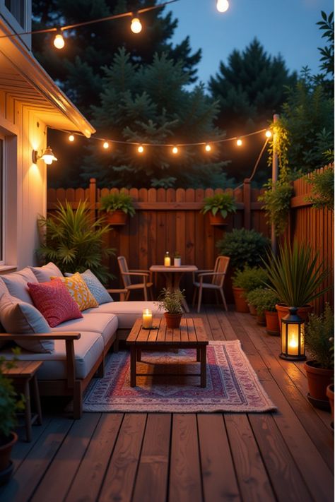 Cozy backyard patio with DIY deck, string lights, and potted plants at dusk Backyard Ideas For Renters, Tiny Backyard Ideas, Budget Backyard Patio, Small Outdoor Patio Ideas, Patio Extension Ideas, Diy Decks, Small Outdoor Patio, Nice Backyard, Diy Backyard Projects