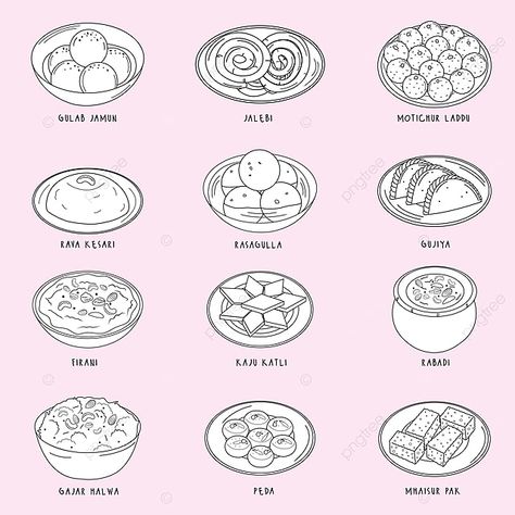 Mithai Illustration, Indian Food Items, Scrapbook Recipe, Scrapbook Recipe Book, Diwali Drawing, Pattern Illustrations, Cake Pattern, 1 Worksheet, Sweet Drawings