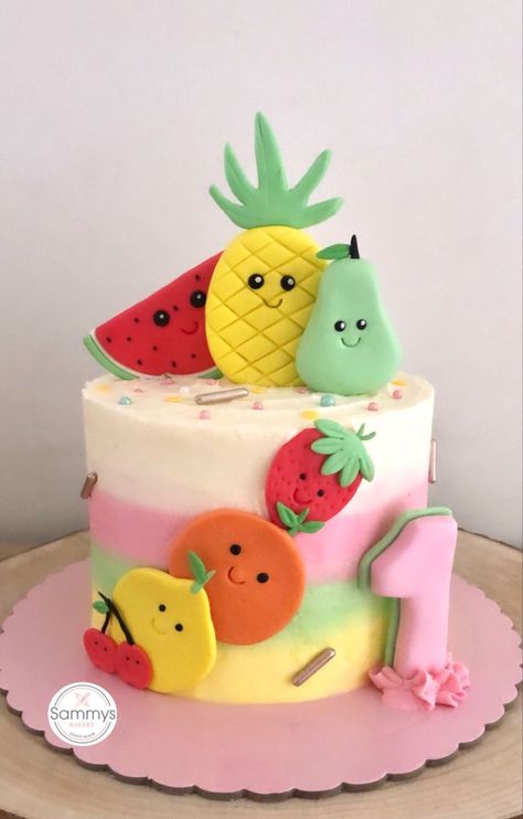 Fruit Fondant Cake, Fruit Themed Cake 2nd Birthday, Tooty Fruity Birthday Cake, Fruit Cake Ideas Birthday, Tutti Frutti Cake Design, Fruit Theme 1st Birthday Party, Tutti Fruitti Cake, Fruit Themed Smash Cake, Fruits Theme Cake