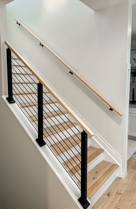 The New Railing on the Stairs is Done! - Sarah Joy Board And Batten Wall Staircase, Diy Indoor Railing, Ideas For Stair Railings, Removable Stair Railing Ideas, Indoor Stair Railing Ideas Modern, Inside Railing Ideas, Stair Railing Ideas Half Walls, Stair Hand Railing Ideas, Farmhouse Stair Railing Ideas