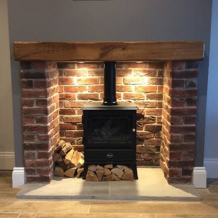 Brick Fireplace Log Burner, Exposed Brick Fireplaces, Wood Burner Fireplace, Wood Burning Stoves Living Room, Log Burner Fireplace, Log Burner Living Room, Brick Slips, Cottage Fireplace, Wood Stove Fireplace