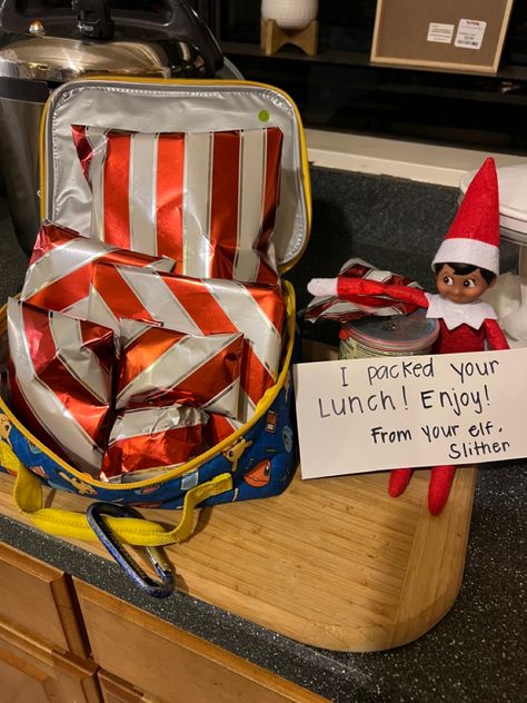 Elf packed lunch and wrapped with wrapping paper!! Elf Wrapped In Wrapping Paper, Elf Wrapping Ideas, Elf On The Shelf Wrapping Paper, Elf Wrapping Paper Ideas, Elf Activities, Packed Lunch, Pack Lunch, Christmas 2022, Shelf Ideas