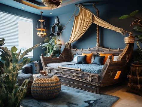 Premium Photo | Photo of Pirate Room Boys With Pirate Ship Bed Treasure Chest Pirate Content Creator Live Stream Prince Bedroom, Ship Bed, Pirate Ship Bed, Pirate Bedroom, Pirate Room, Room Boys, Interior Design Pictures, Popular Interior Design, Shared Room