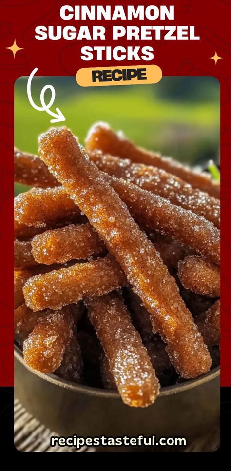 These sweet and crunchy Cinnamon Sugar Pretzel Sticks are the perfect balance of salty and sweet. Coated in a warm cinnamon sugar mixture, they make for an irresistible snack, perfect for any occasion! Pretzel Stick Dessert Recipes, Whiskey Sticks Pretzels, Cinnamon Pretzel Sticks, Cinnamon Sugar Pretzel Sticks, Recipes With Pretzel Sticks, Pretzel Snacks Recipes, Pretzel Sticks Recipe, Pretzel Snack Recipes, Soft Pretzel Sticks