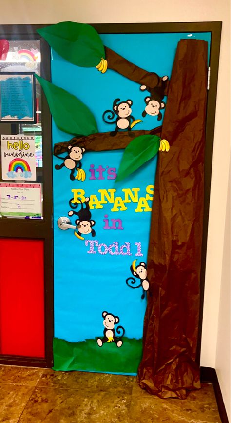 Monkey Door Decorations Classroom Decor, Safari Classroom Door Ideas, Monkey Classroom Door, Zoo Door Decorations Classroom, August Daycare Door Ideas, Infant Classroom Decoration Ideas Daycares, Summer Door Decorations Classroom Infant, August Door Ideas For Daycare, August Door Decorations