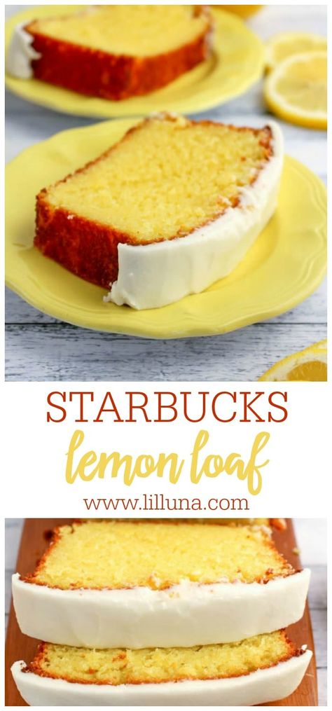 If you like Starbucks Lemon Loaf, then you'll love this moist, delicious Lemon cake! This easy to make recipe is loaded with delicious lemon flavor, and topped with an amazing lemon frosting. It's even BETTER than Starbucks! #lemonloaf #betterthanstarbuckslemonloaf #starbuckslemonloaf #lemonloafrecipe #starbucksrecipes Jul Kaka, Delicious Lemon Cake, Starbucks Lemon Loaf, Lemon Loaf Recipe, Starbucks Lemon, Resipi Kek, Lemon Frosting, Lemon Loaf, Dessert Aux Fruits