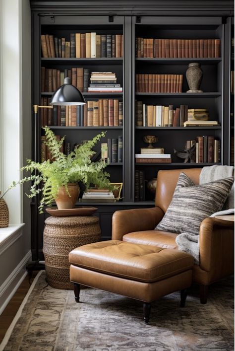 Formal Study Room Ideas, Small Living Room With Bookcases, Built In Shelves Sloped Ceiling, Modern Goth Office, Traditional Home Office Decor, Study Game Room, Bookcases Next To Fireplace, Dark Academia Small Bedroom, Victorian Office