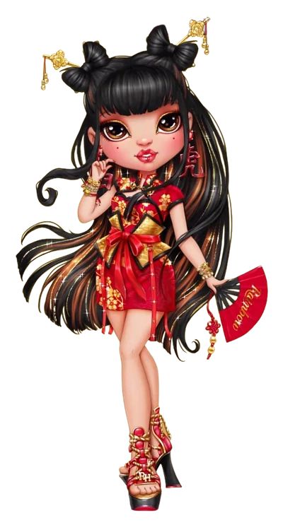 Lily Cheng | Rainbow High Wiki | Fandom Gold Glitter Eyeshadow, Wishlist 2022, Red Eyeliner, High Characters, Red Platform, Exchange Student, Family Roots, Rainbow Fashion, Grey Flowers