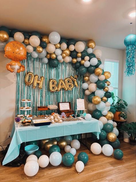 Blue Green And Gold Party Decorations, Teal Baby Shower, Teal And Gold Balloon Garland, Teal Birthday Decorations, Teal And Gold Birthday Party, Teal Color Birthday Theme, Teal And White Birthday Decorations, Teal And Gold Birthday Party Decoration, Teal And White Balloon Arch