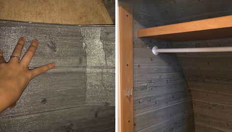 How I used adhesive foam "wood plank" wall panels used to add extra insulation to my RV closet. Cheap Insulation Ideas Diy, Insulation Ideas, Cheap Insulation, Refrigerator Makeover, Sliding Mirror Closet Doors, Decorating Your Rv, Rv Inspiration, Wood Plank Ceiling, Closet Clothes Storage