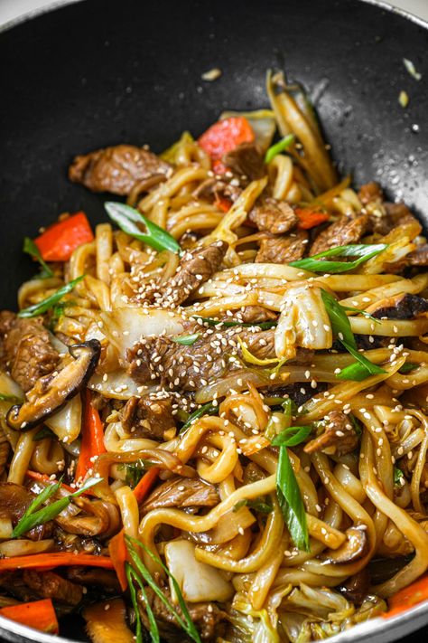 Beef Yaki Udon Stir Fry Recipe - One Happy Bite Udon Stirfry, Udon Noodle Stir Fry Beef, Beef Stir Fry With Udon Noodles, Udon Noodle Recipe Beef, Udon Recipe Stir Fry, Beef Stir Fry Noodles, Korean Udon Noodle Recipe, Beef Stir Fry Recipe, Ground Beef Udon Noodles