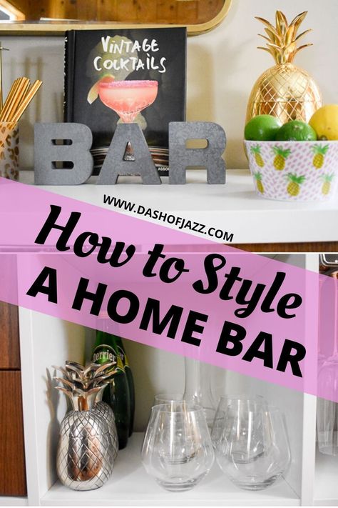 Create your own budget-friendly customized home bar cabinet or sideboard with these IKEA Kallax home bar hacks that DIYers of any experience level can pull off. Turn IKEA Kallax into a home bar with this tutorial by Dash of Jazz #dashofjazzblog #IKEAhacks #IKEAKallax #DIYbarcabinet #ikeakallaxbarcart Mid Century Decor Diy, Bar Cabinet Decor, Diy Bar Cabinet, Ikea Bar Cart, Ikea Bar, Ikea Built In, Ikea Desk Hack, Ikea Kallax Hack, Home Bar Cabinet