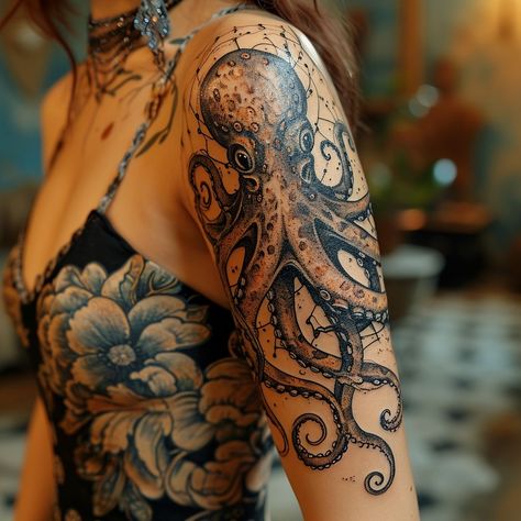 Octopus Shoulder Tattoo For Women, Japanese Octopus Tattoo Sleeve, Shoulder Octopus Tattoo, Pirate Octopus Tattoo, Black Octopus Tattoo, Octopus Tattoos Shoulder, Octopus Shoulder Tattoo, Octopus Thigh Tattoos, Tentacle Tattoo