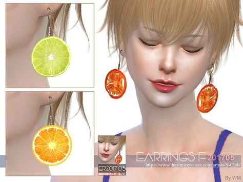 The Sims Resource: Earrings F 201705 by S-Club • Sims 4 Downloads Ear Piercings Sims 4 Cc, Fruit Clothes, Fruit Clothing, Sims 4 Cas Mods, Sims 4 Anime, Green Lemon, Sims 4 Expansions, Play Sims, Sims 4 Dresses