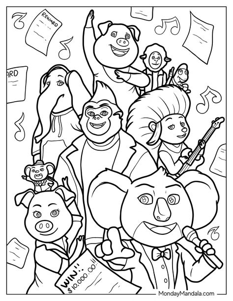 20 Sing Coloring Pages (Free PDF Printables) Sing Coloring Pages, Talent Show Coloring Pages, Sing 2 Coloring Pages, Sing Cartoon, Buster Moon, Sing Movie, Super Simple Songs, Preschool Coloring Pages, Singing Competitions