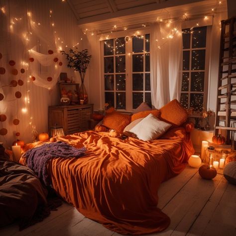 fall / autumn bedroom halloween bedroom Fall Aesthetic Bedroom, Decor For Bedroom Wall, Makeover Madness, Dark Academia Interior, Autumn Bedroom, Christmas Hello Kitty, Sanrio Christmas, Holiday Room Decor, Halloween Bedroom Decor