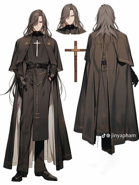 Anime Priest Outfit, Priest Outfit Drawing, Fantasy Priest Outfit, Priest Outfits, Anime Priest, Priest Character Design, Priest Oc, Beige Trench Coat Outfit, Dark Crowns