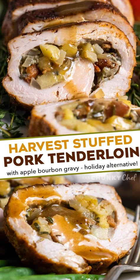 This Stuffed Pork Tenderloin with Apple Bourbon Gravy is the perfect alternative to a huge turkey on your holiday menu! Juicy pork wrapped around a sweet and savory filling made from apples, onions, bacon and herbs, roasted, then smothered in an apple cider bourbon gravy that is out of this world delicious. #pork #tenderloin #holiday #stuffed Cranberry Apple Stuffed Pork Tenderloin, Thanksgiving Pork Recipes, Gourmet Pork Recipes, French Onion Stuffed Pork Loin, Pork Loin Recipes Stuffed, Savory Apple Dishes, Fall Pork Tenderloin Recipes, Stuffed Pork Tenderloin Recipes, Bourbon Gravy