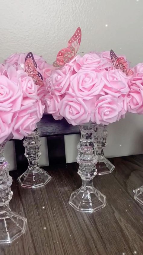 Pink Sweet 16 Centerpieces, Simple Centerpieces Diy, Butterfly Centerpieces, Quinceanera Centerpieces, Butterfly Baby Shower Theme, Quince Decorations, Centerpieces Diy, Quinceanera Decorations, Candy Land Christmas Tree