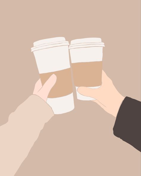 Two coffee to go mugs in a cheers drawn in a minimalist style with neutral solid colours. Digitally drawn illustration. Coffee Aesthetic Drawing, Cheers Illustration, Latte Illustration, Cheers Coffee, Coffee Digital Art, Coffee Cup Drawing, Latte Aesthetic, Fashion Template, Bubble Tea Shop