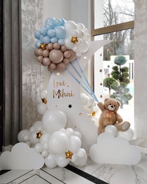 Moon And Stars Balloon Backdrop, Eid Balloon Decorations, Moon Backdrop With Balloons, Diy Moon Backdrop, Bear Balloons Decor, Baptismal Backdrop, Birthday Balloon Backdrop Ideas, Baptismal Decorations Boy Backdrops, Welcome Baby Boy Decoration Ideas