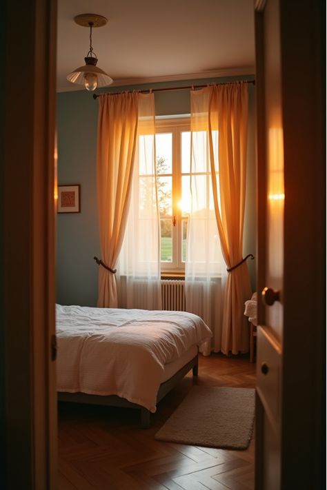 Sunset-lit bedroom with blue walls and golden light through curtains Warm Bedroom Paint Colors, Contemporary Dining Room Decor, Yellow Bedroom Walls, Sunset Lighting, Laundry Room Colors, Warm Bedroom, Paint Inspiration, Perfect Paint Color, Diy Furniture Bedroom